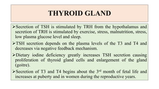 THYROID GLAND
Secretion of TSH is stimulated by TRH from the hypothalamus and
secretion of TRH is stimulated by exercise, stress, malnutrition, stress,
low plasma glucose level and sleep.
TSH secretion depends on the plasma levels of the T3 and T4 and
decreases via negative feedback mechanism.
Dietary iodine deficiency greatly increases TSH secretion causing
proliferation of thyroid gland cells and enlargement of the gland
(goitre).
Secretion of T3 and T4 begins about the 3rd month of fetal life and
increases at puberty and in women during the reproductive years.
 