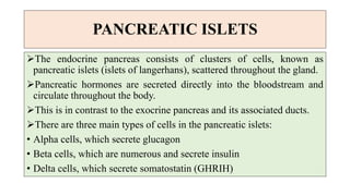 PANCREATIC ISLETS
The endocrine pancreas consists of clusters of cells, known as
pancreatic islets (islets of langerhans), scattered throughout the gland.
Pancreatic hormones are secreted directly into the bloodstream and
circulate throughout the body.
This is in contrast to the exocrine pancreas and its associated ducts.
There are three main types of cells in the pancreatic islets:
• Alpha cells, which secrete glucagon
• Beta cells, which are numerous and secrete insulin
• Delta cells, which secrete somatostatin (GHRIH)
 