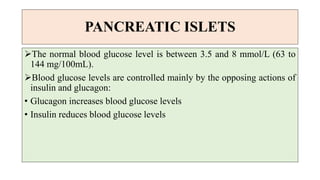 PANCREATIC ISLETS
The normal blood glucose level is between 3.5 and 8 mmol/L (63 to
144 mg/100mL).
Blood glucose levels are controlled mainly by the opposing actions of
insulin and glucagon:
• Glucagon increases blood glucose levels
• Insulin reduces blood glucose levels
 