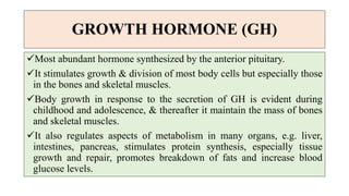 GROWTH HORMONE (GH)
Most abundant hormone synthesized by the anterior pituitary.
It stimulates growth & division of most body cells but especially those
in the bones and skeletal muscles.
Body growth in response to the secretion of GH is evident during
childhood and adolescence, & thereafter it maintain the mass of bones
and skeletal muscles.
It also regulates aspects of metabolism in many organs, e.g. liver,
intestines, pancreas, stimulates protein synthesis, especially tissue
growth and repair, promotes breakdown of fats and increase blood
glucose levels.
 