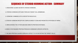 SEQUENCE OF STEROID HORMONE ACTION - SUMMARY
1. ENDOCRINE GLANDS SECRETE STEROID HORMONE .
2. STEROID HORMONE DIFFUSES THROUGH TARGET CELL MEMBRANE .
3. HORMONE COMBINES WITH A RECEPTOR MOLECULE .
4. STEROID HORMONE-RECEPTOR COMPLEX BINDS TO DNA AND PROMOTES SYNTHESIS OF MRNA.
5. MRNA ENTERS THE CYTOPLASM AND DIRECTS PROTEIN SYNTHESIS .
6. NEWLY SYNTHESIZED PROTEIN PRODUCE HORMONE’S SPECIFIC EFFECTS.
7. THE NEW PROTEIN CAUSES A SPECIFIC EFFECT TO OCCUR WITHIN THE TARGET CELLS.
 