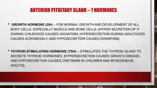 ANTERIOR PITUITARY GLAND – 7 HORMONES
• GROWTH HORMONE (GH) -- FOR NORMAL GROWTH AND DEVELOPMENT OF ALL
BODY CELLS, ESPECIALLY MUSCLE AND BONE CELLS. [HYPER SECRETION OF IT
DURING CHILDHOOD CAUSES GIGANTISM, HYPERSECRETION DURING ADULTHOOD
CAUSES ACROMEGALY, AND HYPOSECRETION CAUSES DWARFISM].
• THYROID-STIMULATING HORMONE (TSH) -- STIMULATES THE THYROID GLAND TO
SECRETE THYROID HORMONES. [HYPERSECRETION CAUSES GRAVE’S DISEASE,
AND HYPOSECRETION CAUSES CRETINISM IN CHILDREN AND MYXEDEMA IN
ADULTS].
 
