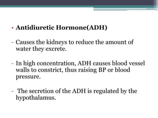 • Antidiuretic Hormone(ADH)

- Causes the kidneys to reduce the amount of
water they excrete.
- In high concentration, ADH causes blood vessel
walls to constrict, thus raising BP or blood
pressure.
- The secretion of the ADH is regulated by the
hypothalamus.

 