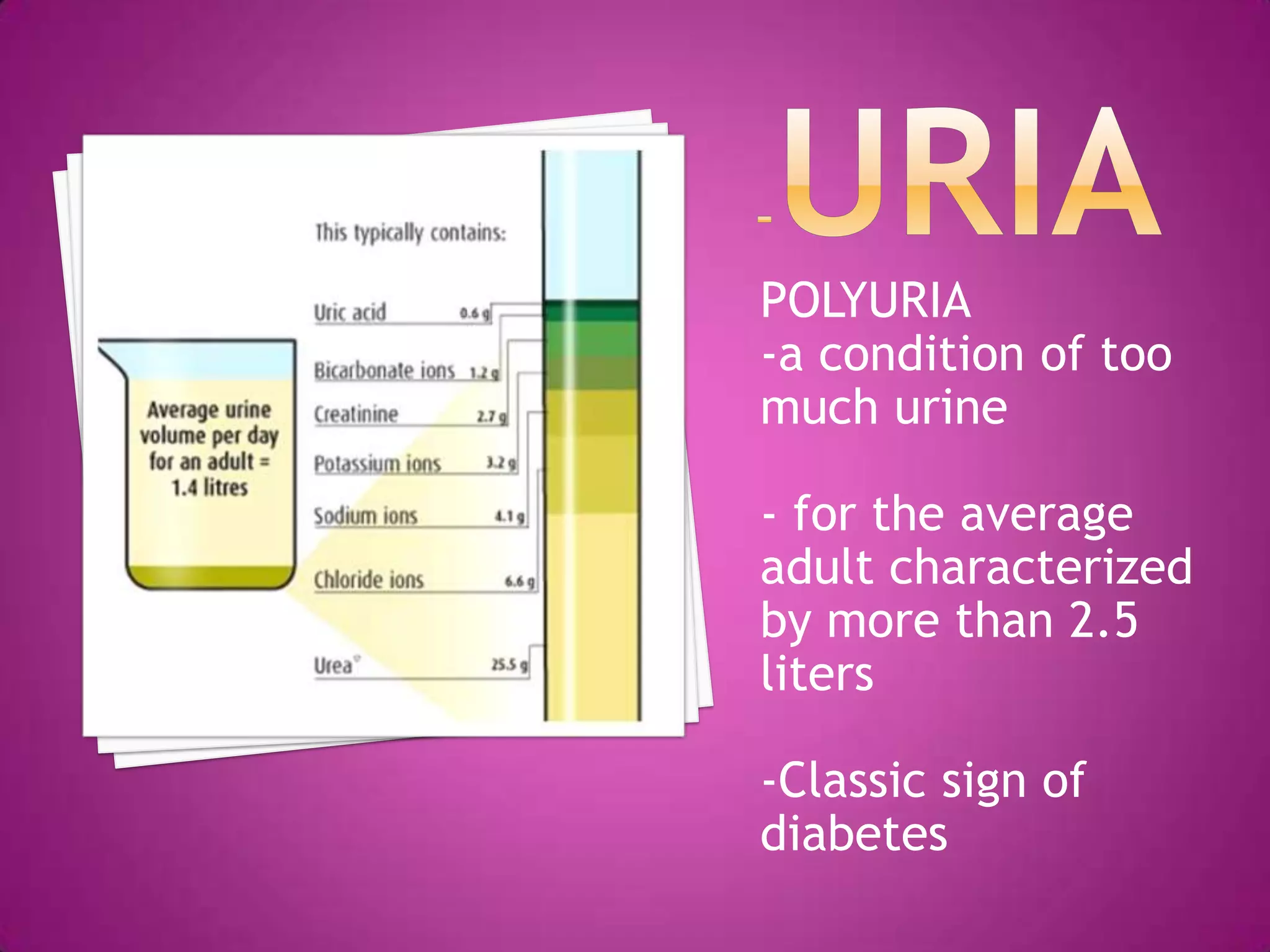 -URIAPOLYURIA-a condition of too much urine - for the average adult characterized by more than 2.5 liters-Classic sign of diabetes