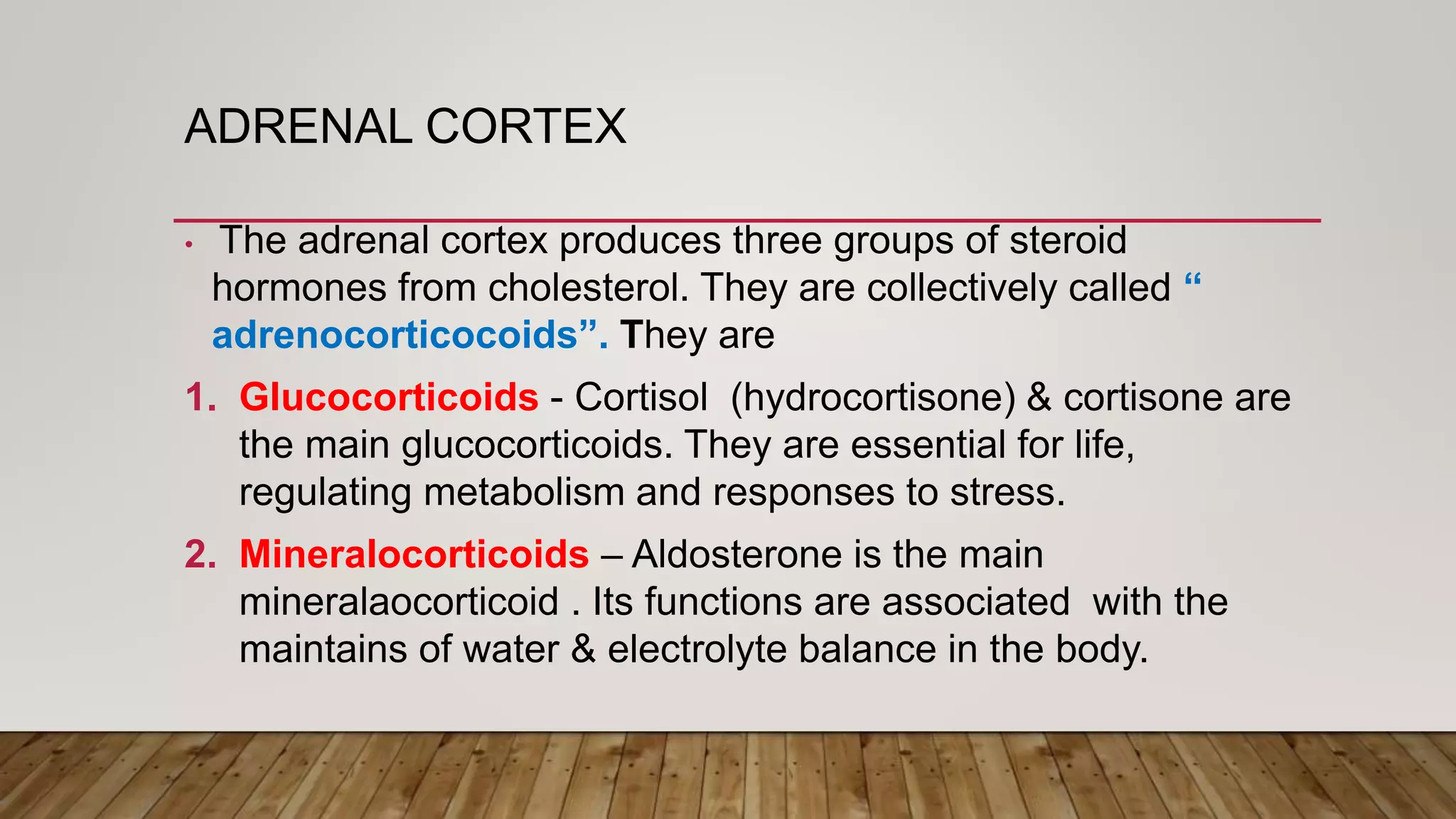 ADRENAL CORTEX
• The adrenal cortex produces three groups of steroid
hormones from cholesterol. They are collectively called “
adrenocorticocoids”. They are
1. Glucocorticoids - Cortisol (hydrocortisone) & cortisone are
the main glucocorticoids. They are essential for life,
regulating metabolism and responses to stress.
2. Mineralocorticoids – Aldosterone is the main
mineralaocorticoid . Its functions are associated with the
maintains of water & electrolyte balance in the body.
 