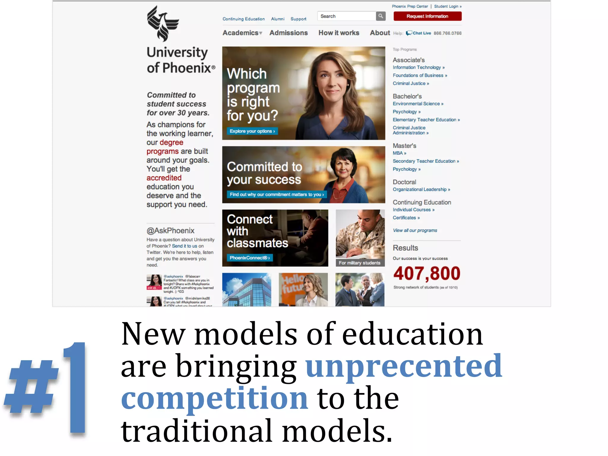 New	
  models	
  of	
  education	
  

#1   are	
  bringing	
  unprecented	
  
     competition	
  to	
  the	
  
     traditional	
  models.	
  
 