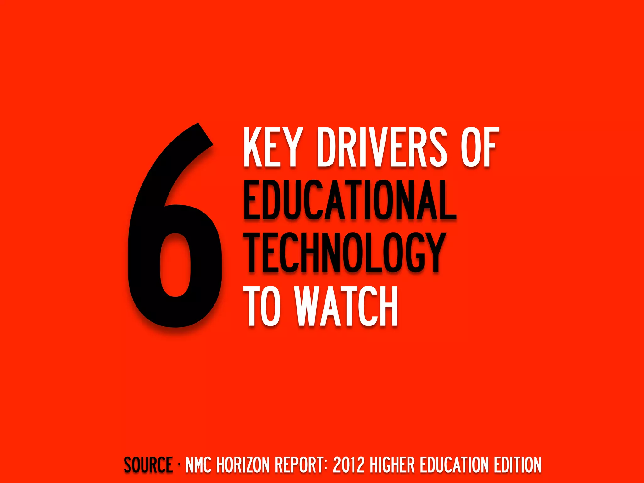6
                KEY DRIVERS OF
                EDUCATIONAL
                TECHNOLOGY
                TO WATCH

SOURCE ·∙ NMC HORIZON REPORT: 2012 HIGHER EDUCATION EDITION
 