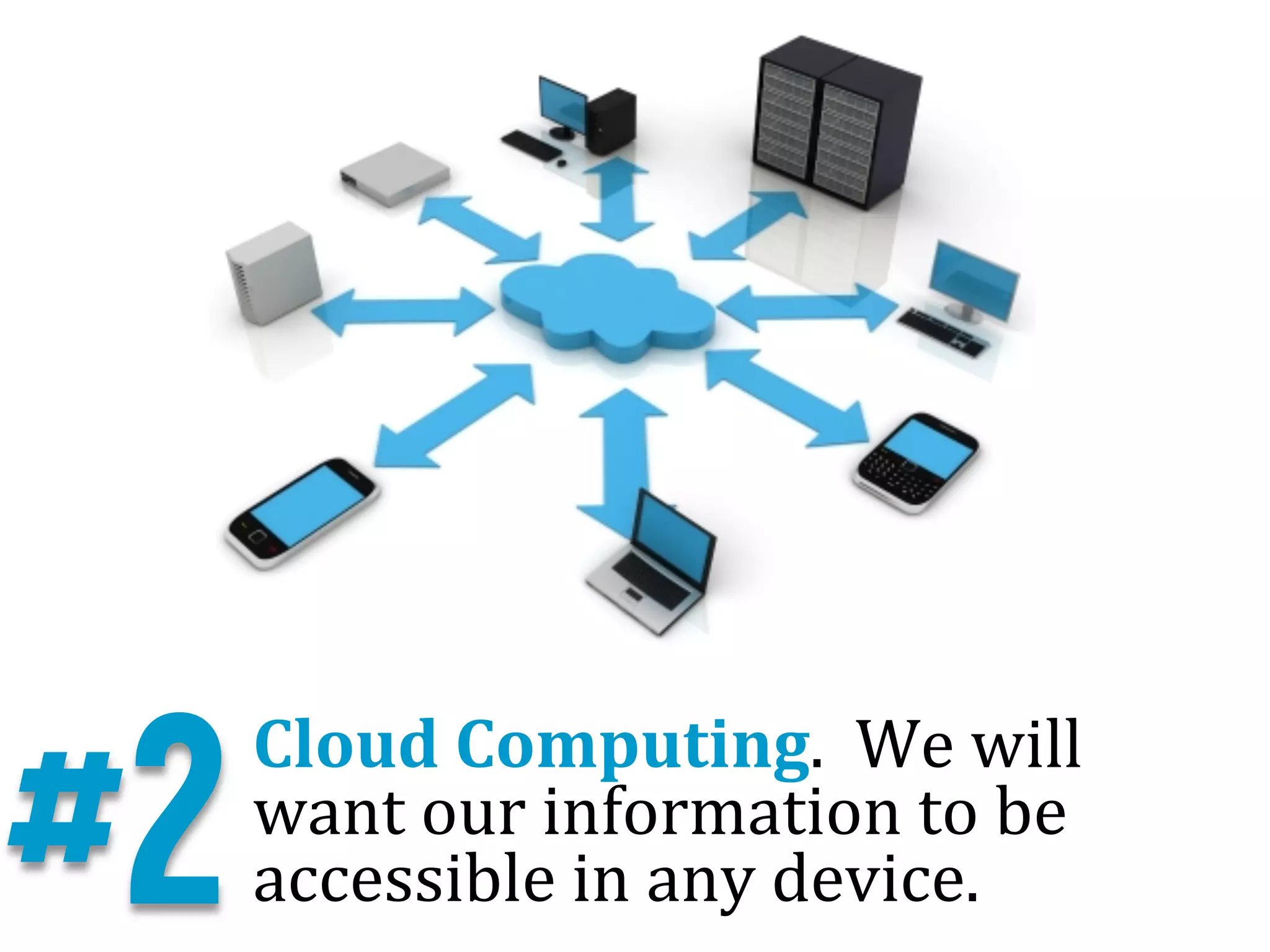 #2
     Cloud	
  Computing.	
  	
  We	
  will	
  
     want	
  our	
  information	
  to	
  be	
  
     accessible	
  in	
  any	
  device.	
  
 