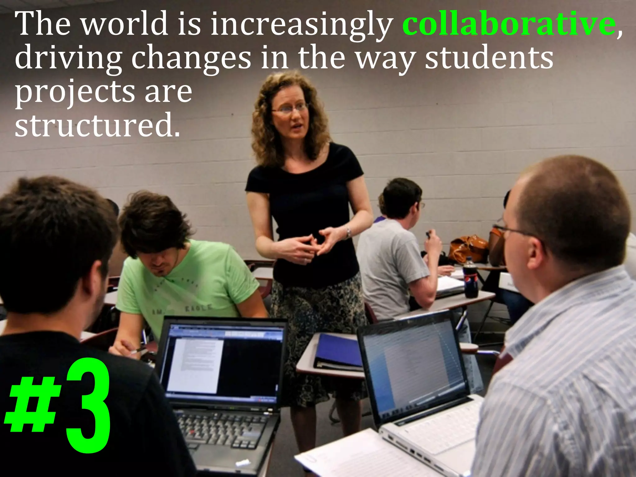 The	
  world	
  is	
  increasingly	
  collaborative,	
  
driving	
  changes	
  in	
  the	
  way	
  students	
  
projects	
  are	
  	
  
structured.	
  	
  	
  




#3
 