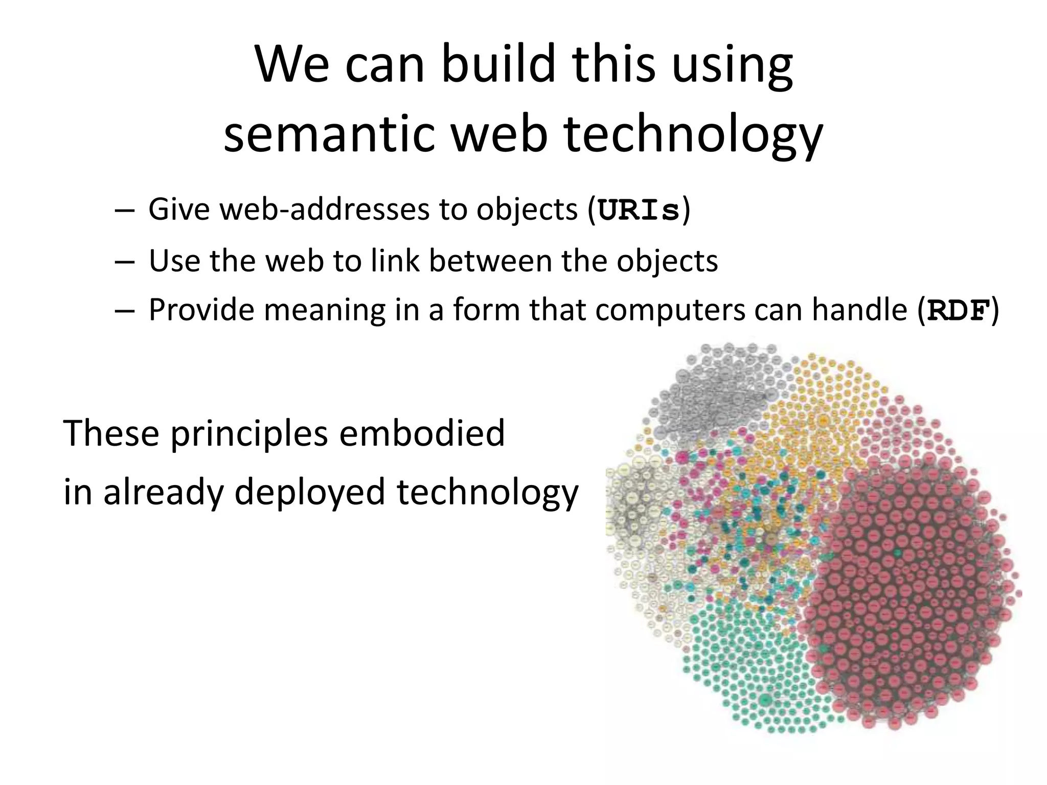 – Give web-addresses to objects (URIs)
– Use the web to link between the objects
– Provide meaning in a form that computers can handle (RDF)
These principles embodied
in already deployed technology
We can build this using
semantic web technology
 
