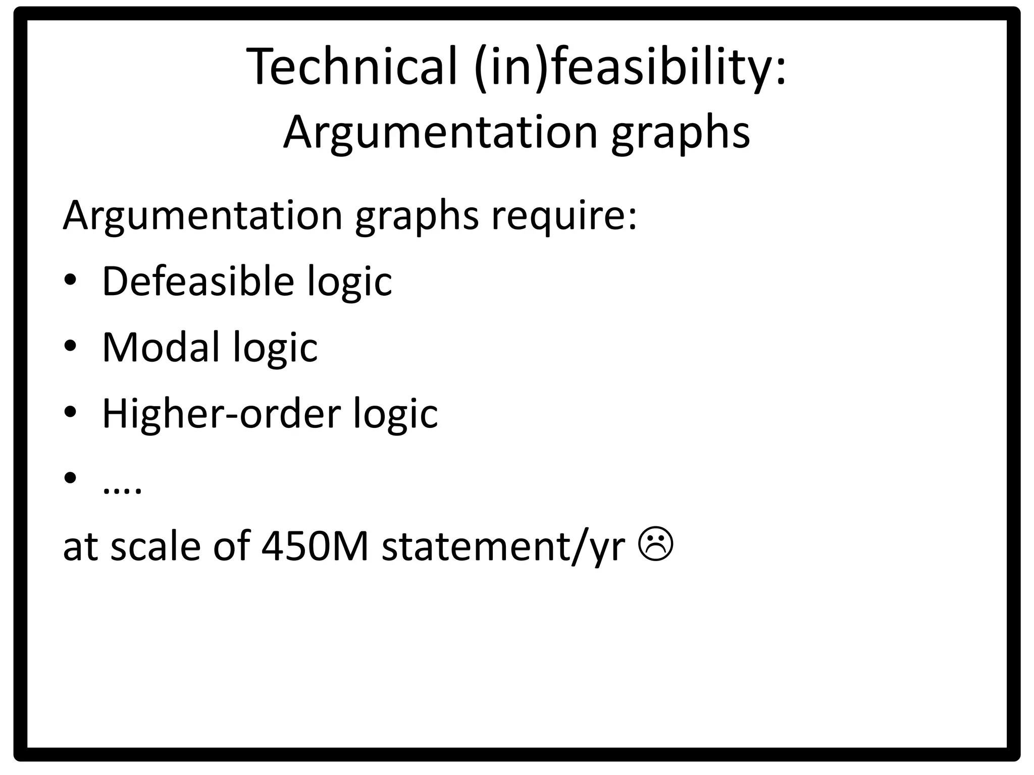 Technical (in)feasibility:
Argumentation graphs
Argumentation graphs require:
• Defeasible logic
• Modal logic
• Higher-order logic
• ….
at scale of 450M statement/yr 
 