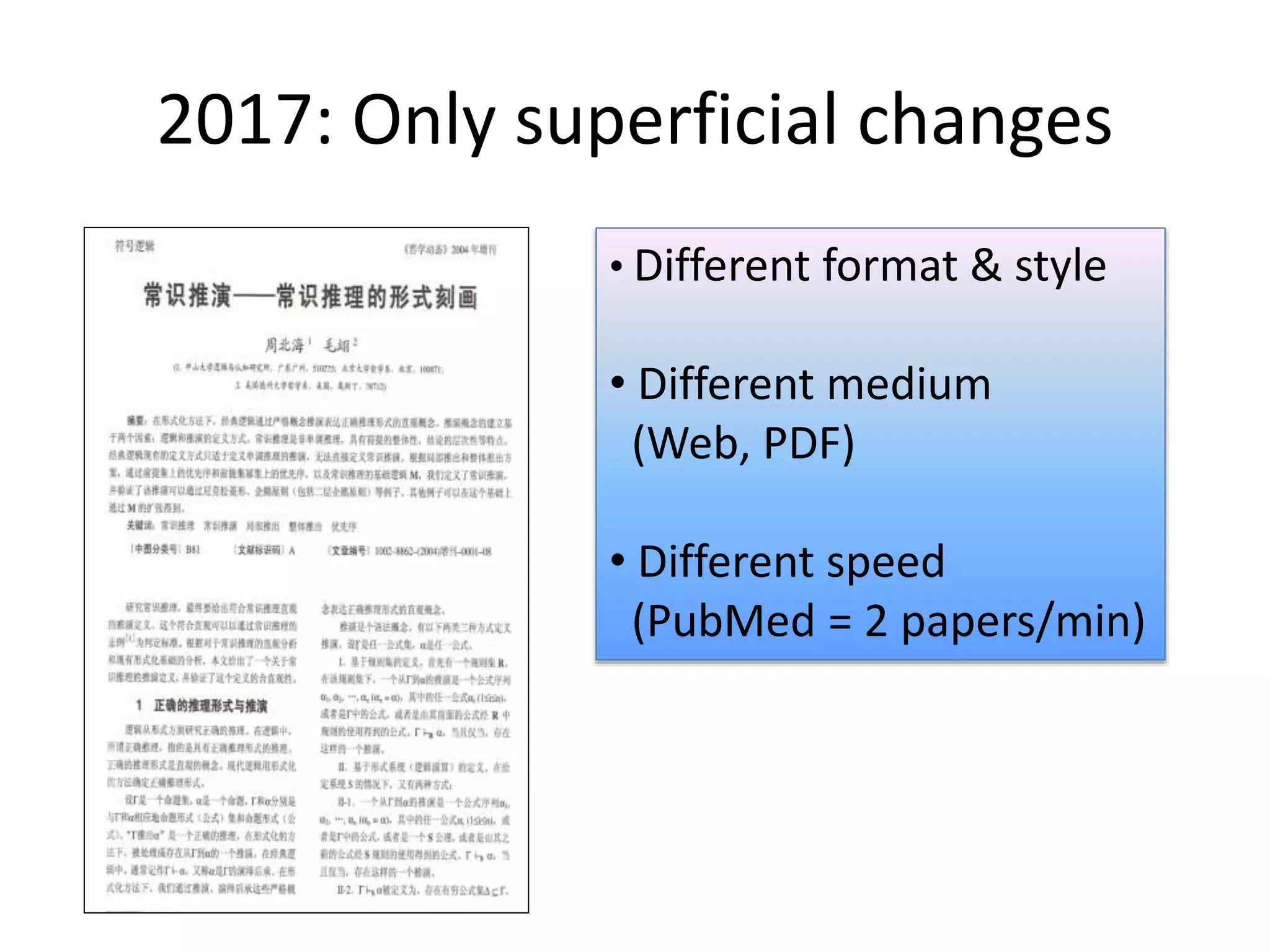 2017: Only superficial changes
• Different format & style
• Different medium
(Web, PDF)
• Different speed
(PubMed = 2 papers/min)
 