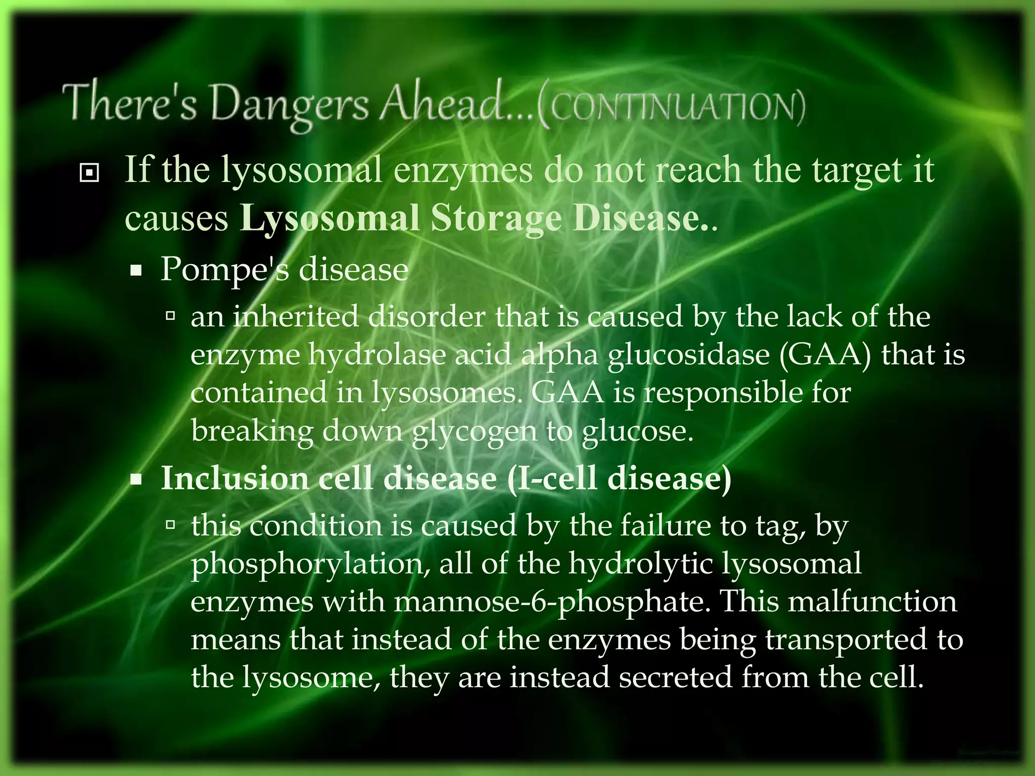  If the lysosomal enzymes do not reach the target it
causes Lysosomal Storage Disease..
 Pompe's disease
 an inherited disorder that is caused by the lack of the
enzyme hydrolase acid alpha glucosidase (GAA) that is
contained in lysosomes. GAA is responsible for
breaking down glycogen to glucose.
 Inclusion cell disease (I-cell disease)
 this condition is caused by the failure to tag, by
phosphorylation, all of the hydrolytic lysosomal
enzymes with mannose-6-phosphate. This malfunction
means that instead of the enzymes being transported to
the lysosome, they are instead secreted from the cell.
 