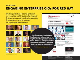 ENGAGING ENTERPRISE CIOs FOR RED HAT 
Working with Red Hat and CIO.com, we recruited highly successful “expert” Enterprisers as role models for aspiring Enterprisers — and as sources 
for highly-credible content. 
The Enteprisers Project site has become a reliable source of insightful and inspiration content about the CIO’s emerging role in driving the business – and how CIOs can do it for themselves. 
Visit EnterprisersProject.com 
Editorial Board of TEP.com 
CASE STUDY:  