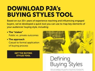 DOWNLOAD PJA’s 
BUYING STYLES TOOL 
Based on our 20+ years of experience reaching and influencing engaged 
buyers, we’ve developed a quick tool you can use to map key elements of 
your audiences’ buying style, including: 
• The “stakes” 
Public vs. private outcomes 
• The approach 
Casual to formal application 
of buying process 
GET THE BUYING 
STYLES TOOL 
 