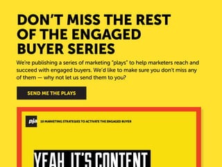 OR JUST GET IN TOUCH 
ABOUT THE AUTHOR 
Robert Davis 
EVP, Strategy 
Robert leads PJA’s strategy function, coaching our strategy, media, analytics and technology teams as we develop strategies to influence and activate engaged buyers across B2B and B2C markets. 
PJA Advertising + Marketing 
Greg Straface 
VP, Business Development 
gstraface@agencypja.com 
(617) 234-7371 
@agencypja 
Across the complete range of buying styles, we’re ready 
to put our experience with engaged buyers to work for you. 
Just give us a shout. 