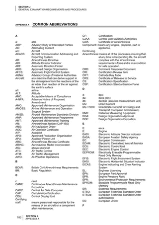 SECTION J
    GENERAL EXAMINATION REQUIREMENTS AND PROCEDURES




APPENDIX A       COMMON ABBREVIATIONS


A                                                            CF:          Certification
                                                             CJAA:        Central Joint Aviation Authorities
a:              atto                                         CofA:        Certificate of Airworthiness
ABIP            Advisory Body of Interested Parties          Component: means any engine, propeller, part or
AC:             Alternating Current                                       appliance.
a/c:            Aircraft                                     Continuing
ACARS:          Aircraft Communication Addressing and        Airworthiness:means all of the processes ensuring that,
                Reporting System                                          at any time in its operating life, the aircraft
AD:             Airworthiness Directive                                   complies with the airworthiness
ADI:            Attitude Director Indicator                               requirements in force and is in a condition
ADF:            Automatic Direction Finder                                for safe operation.
ADO:            Approved Design Organisation                 CRD:         Comment Response Document
AFCS:           Automatic Flight Control System              CRI:         Certification Review Item
AGNA:           Advisory Group of National Authorities       CRT:         Cathode Ray Tube
Aircraft:       any machine that can derive support in       CRS:         Certificate of Release to Service
                the atmosphere from the reactions of the     CS:          Certification Specification
                air other than reaction of the air against   CSP:         Certification Standardisation Panel
                the earth's surface
                                                             D
a/l:            airline
ALT:            Altitude
                                                             d:             deci
AMC:            Acceptable Means of Compliance
                                                             da:            deca (ten)
A-NPA:          Advance Notice of Proposed
                                                             db:            decibel (acoustic measurement unit)
                Amendment
                                                             DC:            Direct Current
AMO:            Approved Maintenance Organisation
                                                             DG TREN:       Directorate-General for Energy and
AMOSS:          Airline Maintenance and Operation
                                                                            Transport (European Commission)
                Support System
                                                             DME:           Distance Measuring Equipment
AMSD:           Aircraft Maintenance Standards Division
                                                             DOA:           Design Organisation Approval
AMP:            Approved Maintenance Programme
                                                             DOE:           Design Organisation Exposition
AMT:            Approved Maintenance Training
AN:             Airworthiness Notice (CAP 455)               E
ANO:            Air Navigation Order
                                                             E:             esca
AOC:            Air Operator Certificate
                                                             E:             Engine
A/P:            Autopilot
                                                             EADI:          Electronic Attitude Director Indicator
APO:            Approved Production Organisation
                                                             EASA:          European Aviation Safety Agency
APU:            Auxiliary Power Unit
                                                             EC:            European Commission
ARC:            Airworthiness Review Certificate
                                                             ECAM:          Electronic Centralised Aircraft Monitor
ARINC:          Aeronautical Radio Incorporated
                                                             ECU:           Electronic Control Unit
ASL:            above sea level
                                                             EEC:           Electronic Engine Control
ATC:            Air Traffic Control
                                                             EEPROM:        Electrically Erasable Programmable
ATM:            Air Traffic Management
                                                                            Read Only Memory
AWO:            All Weather Operations
                                                             EFIS:          Electronic Flight Instrument System
B                                                            EHSI:          Electronic Horizontal Situation Indicator
                                                             EICAS:         Engine Indicating and Crew Alerting
BCAR:           British Civil Airworthiness Requirements                    System
BR:             Basic Regulation                             EL:            Engineer Licensing
                                                             EPA:           European Part Approval
C
                                                             EPR:           Engine Pressure Ratio
                                                             EPR:           Environmental Protection Requirements
c:              centi
                                                             EPROM:         Erasable Programmable Read Only
CAME:           Continuous Airworthiness Maintenance
                                                                            Memory
                Exposition
                                                             ER:            Essential Requirements
CADC:           Central Air Data Computer
                                                             ETSO:          European Technical Standard Order
CAP:            Civil Aviation Publication
                                                             ETSOa:         European Technical Standard Order
CDU:            Control Display Unit
                                                                            authorisation
Certifying
                                                             EU:            European Union
staff:          means personnel responsible for the
                release of an aircraft or a component        F
                after maintenance.

            SECTION J
 100        APPENDIX A
 