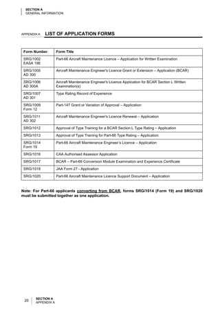 SECTION A
  GENERAL INFORMATION




APPENDIX A   LIST OF APPLICATION FORMS


 Form Number        Form Title

 SRG/1002           Part-66 Aircraft Maintenance Licence – Application for Written Examination
 EASA 19E

 SRG/1005           Aircraft Maintenance Engineer's Licence Grant or Extension – Application (BCAR)
 AD 300

 SRG/1006           Aircraft Maintenance Engineer's Licence Application for BCAR Section L Written
 AD 300A            Examination(s)

 SRG/1007           Type Rating Record of Experience
 AD 301

 SRG/1009           Part-147 Grant or Variation of Approval – Application
 Form 12

 SRG/1011           Aircraft Maintenance Engineer's Licence Renewal – Application
 AD 302

 SRG/1012           Approval of Type Training for a BCAR Section L Type Rating – Application

 SRG/1013           Approval of Type Training for Part-66 Type Rating – Application

 SRG/1014           Part-66 Aircraft Maintenance Engineer’s Licence – Application
 Form 19

 SRG/1016           CAA Authorised Assessor Application

 SRG/1017           BCAR – Part-66 Conversion Module Examination and Experience Certificate

 SRG/1018           JAA Form 27 - Application

 SRG/1020           Part-66 Aircraft Maintenance Licence Support Document – Application



Note: For Part-66 applicants converting from BCAR, forms SRG/1014 (Form 19) and SRG/1020
must be submitted together as one application.




       SECTION A
 20    APPENDIX A
 