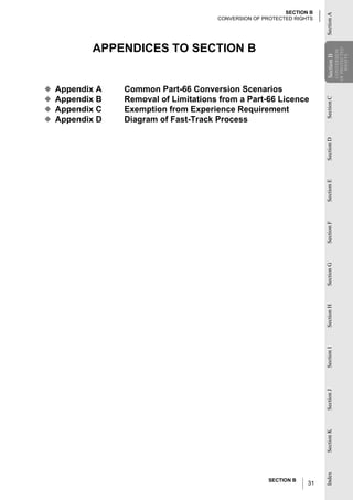 SECTION B




                                                                        Section A
                                       CONVERSION OF PROTECTED RIGHTS




            APPENDICES TO SECTION B




                                                                                    OF PROTECTED
                                                                                     CONVERSION
                                                                        Section B

                                                                                        RIGHTS
                                                                        Section
◆   Appendix A   Common Part-66 Conversion Scenarios
◆   Appendix B   Removal of Limitations from a Part-66 Licence




                                                                        Section C
◆   Appendix C   Exemption from Experience Requirement
◆   Appendix D   Diagram of Fast-Track Process




                                                                        Section D
                                                                        Section E
                                                                        Section F
                                                                        Section G
                                                                        Section H
                                                                        Section I
                                                                        Section J
                                                                        Section K
                                                                        Index




                                                       SECTION B
                                                                   31
 