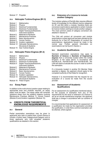 SECTION D
     CATEGORY B1 LICENCE




Module 17    Propeller                                       D6.2   Extension of a Licence to include
                                                                    another Category
D5.4    Helicopter Turbine-Engines (B1.3)
                                                             The modular syllabus of Part-66 often requires different
Module 1     Mathematics                                     levels of knowledge for the different licence categories
Module 2     Physics                                         (A, B1 and B2) within a module; therefore there are
Module 3     Electrical Fundamentals                         conversion examinations applicable to certain modules
Module 4     Electronic Fundamentals                         for licence holders wishing to include another category.
Module 5     Digital Techniques/Electronic                   The most common cases of category conversion are
             Instrument Systems                              detailed in Section G.
Module 6     Materials & Hardware
Module 7     Maintenance Practices                           The CAA will conduct all conversion part module
Module 8     Basic Aerodynamics                              examinations (unless approval has been granted by the
Module 9     Human Factors                                   Authority for a Part-147 Organisation to conduct the
Module 10    Aviation Legislation                            examinations). Applications should be made in the
Module 12    Helicopter Aerodynamics,                        normal way. Further general information on
             Structures & Systems                            examinations can be found in Section J.
Module 15    Gas Turbine Engine
                                                             D6.3   Academic Qualifications
D5.5    Helicopter Piston Engines (B1.4)
                                                             Standard examination exemptions may apply to
Module 1     Mathematics                                     Bachelor of Science or Bachelor of Engineering
Module 2     Physics                                         degrees from a University located within the United
Module 3     Electrical Fundamentals                         Kingdom. In the cases above, in accordance with
Module 4     Electronic Fundamentals                         Part-66.A.25, Part-66.B.400 and Part-66.B.405, the
Module 5*    Digital Techniques/Electronic                   CAA will need to evaluate the course in order to confirm
             Instrument Systems                              the exemption.
Module 6     Materials & Hardware
Module 7     Maintenance Practices                           If a University located in another EU Member State
Module 8     Basic Aerodynamics                              awarded a degree, the applicant should apply to the
Module 9     Human Factors                                   competent authority of that State for recognition.
Module 10    Aviation Legislation
Module 12    Helicopter Aerodynamics,                        However it is recommended that the request for an
             Structures & Systems                            evaluation of a course be made from the course
Module 16    Piston Engine                                   provider.

D5.6    Essay Paper                                          D6.4   Assessment of Academic
                                                                    Qualifications
In addition to the multi-choice question paper relating to
appropriate level and modules required, an essay             For an assessment of a qualification mentioned above,
paper must be taken. The essay paper will comprise           for the purpose of exemption from any of the
questions drawn from the syllabus subjects covering          requirements for the issue or extension of a licence to
Maintenance Practices (Module 7), Human Factors              act as an aircraft maintenance engineer, the applicant
(Module 9) and Aviation Legislation (Module 10).             shall pay a charge in accordance with our scheme of
                                                             charges.
D6     CREDITS FROM THEORETICAL
       KNOWLEDGE REQUIREMENTS                                It is recommended that applications for assessment of
                                                             a qualification be made by the organisation providing
                                                             the qualification, in order that a common exemption can
D6.1    General                                              be attained, where agreed.

Partial examination exemptions may be given to
applicants who wish to extend their current licence to
include a further basic Category/sub-Category and to
those applicants who hold accepted academic
qualifications as detailed in this section.




          SECTION D
  50      CREDITS FROM THEORETICAL KNOWLEDGE REQUIREMENTS
 