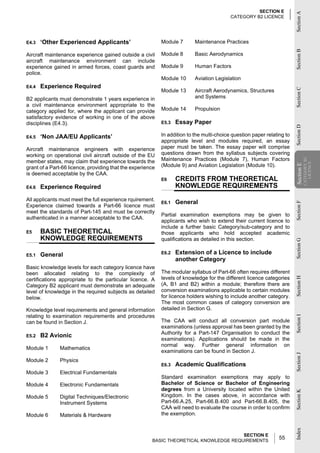 SECTION E




                                                                                                                         Section A
                                                                                           CATEGORY B2 LICENCE




E4.3   ‘Other Experienced Applicants’                       Module 7       Maintenance Practices




                                                                                                                         Section B
Aircraft maintenance experience gained outside a civil      Module 8       Basic Aerodynamics
aircraft maintenance environment can include
experience gained in armed forces, coast guards and         Module 9       Human Factors
police.
                                                            Module 10      Aviation Legislation
E4.4   Experience Required




                                                                                                                         Section C
                                                            Module 13      Aircraft Aerodynamics, Structures
B2 applicants must demonstrate 1 years experience in                       and Systems
a civil maintenance environment appropriate to the
category applied for, where the applicant can provide       Module 14      Propulsion
satisfactory evidence of working in one of the above
disciplines (E4.3).                                         E5.3   Essay Paper




                                                                                                                         Section D
E4.5   ‘Non JAA/EU Applicants’                              In addition to the multi-choice question paper relating to
                                                            appropriate level and modules required, an essay
Aircraft maintenance engineers with experience              paper must be taken. The essay paper will comprise
working on operational civil aircraft outside of the EU     questions drawn from the syllabus subjects covering
                                                            Maintenance Practices (Module 7), Human Factors




                                                                                                                                     CATEGORY B2
member states, may claim that experience towards the




                                                                                                                                       LICENCE
                                                            (Module 9) and Aviation Legislation (Module 10).




                                                                                                                         Section E
grant of a Part-66 licence, providing that the experience




                                                                                                                          Section
is deemed acceptable by the CAA.
                                                            E6     CREDITS FROM THEORETICAL
E4.6   Experience Required                                         KNOWLEDGE REQUIREMENTS
All applicants must meet the full experience rquirement.
                                                            E6.1   General




                                                                                                                         Section F
Experience claimed towards a Part-66 licence must
meet the standards of Part-145 and must be correctly
                                                            Partial examination exemptions may be given to
authenticated in a manner acceptable to the CAA.
                                                            applicants who wish to extend their current licence to
                                                            include a further basic Category/sub-category and to
E5     BASIC THEORETICAL                                    those applicants who hold accepted academic
       KNOWLEDGE REQUIREMENTS                               qualifications as detailed in this section.




                                                                                                                         Section G
E5.1   General                                              E6.2   Extension of a Licence to include
                                                                   another Category
Basic knowledge levels for each category licence have
been allocated relating to the complexity of                The modular syllabus of Part-66 often requires different
                                                            levels of knowledge for the different licence categories
                                                                                                                         Section H
certifications appropriate to the particular licence. A
Category B2 applicant must demonstrate an adequate          (A, B1 and B2) within a module; therefore there are
level of knowledge in the required subjects as detailed     conversion examinations applicable to certain modules
below.                                                      for licence holders wishing to include another category.
                                                            The most common cases of category conversion are
Knowledge level requirements and general information        detailed in Section G.
relating to examination requirements and procedures
                                                                                                                         Section I




can be found in Section J.                                  The CAA will conduct all conversion part module
                                                            examinations (unless approval has been granted by the
                                                            Authority for a Part-147 Organisation to conduct the
E5.2   B2 Avionic
                                                            examinations). Applications should be made in the
                                                            normal way. Further general information on
Module 1      Mathematics
                                                            examinations can be found in Section J.
                                                                                                                         Section J




Module 2      Physics
                                                            E6.3   Academic Qualifications
Module 3      Electrical Fundamentals
                                                            Standard examination exemptions may apply to
Module 4      Electronic Fundamentals                       Bachelor of Science or Bachelor of Engineering
                                                            degrees from a University located within the United
                                                                                                                         Section K




Module 5      Digital Techniques/Electronic                 Kingdom. In the cases above, in accordance with
              Instrument Systems                            Part-66.A.25, Part-66.B.400 and Part-66.B.405, the
                                                            CAA will need to evaluate the course in order to confirm
Module 6      Materials & Hardware                          the exemption.
                                                                                                                         Index




                                                                                       SECTION E
                                                       BASIC THEORETICAL KNOWLEDGE REQUIREMENTS
                                                                                                                 55
 