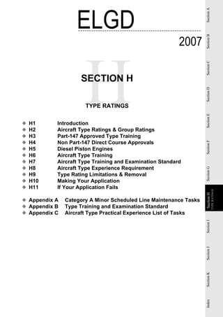 ELGD




                                                                   Section A
                                                         2007




                                                                   Section B
                                                                   Section C
                    SECTION H




                                                                   Section D
                      TYPE RATINGS




                                                                   Section E
◆   H1     Introduction
◆   H2     Aircraft Type Ratings & Group Ratings
◆   H3     Part-147 Approved Type Training
◆   H4     Non Part-147 Direct Course Approvals




                                                                   Section F
◆   H5     Diesel Piston Engines
◆   H6     Aircraft Type Training
◆   H7     Aircraft Type Training and Examination Standard
◆   H8     Aircraft Type Experience Requirement


                                                                   Section G
◆   H9     Type Rating Limitations & Removal
◆   H10    Making Your Application
◆   H11    If Your Application Fails
                                                                               TYPE RATINGS
                                                                   Section H
                                                                   Section


◆ Appendix A   Category A Minor Scheduled Line Maintenance Tasks
◆ Appendix B   Type Training and Examination Standard
◆ Appendix C   Aircraft Type Practical Experience List of Tasks
                                                                   Section I
                                                                   Section J
                                                                   Section K
                                                                   Index
 