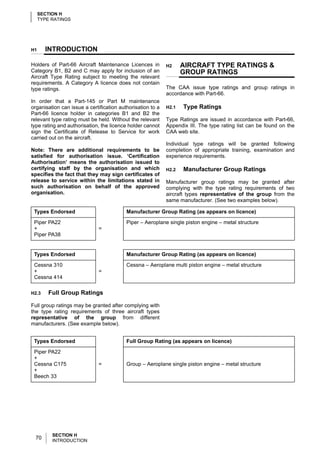 SECTION H
     TYPE RATINGS




H1     INTRODUCTION

Holders of Part-66 Aircraft Maintenance Licences in         H2     AIRCRAFT TYPE RATINGS &
Category B1, B2 and C may apply for inclusion of an                GROUP RATINGS
Aircraft Type Rating subject to meeting the relevant
requirements. A Category A licence does not contain
type ratings.                                               The CAA issue type ratings and group ratings in
                                                            accordance with Part-66.
In order that a Part-145 or Part M maintenance
organisation can issue a certification authorisation to a   H2.1   Type Ratings
Part-66 licence holder in categories B1 and B2 the
relevant type rating must be held. Without the relevant     Type Ratings are issued in accordance with Part-66,
type rating and authorisation, the licence holder cannot    Appendix III. The type rating list can be found on the
sign the Certificate of Release to Service for work         CAA web site.
carried out on the aircraft.
                                                            Individual type ratings will be granted following
Note: There are additional requirements to be               completion of appropriate training, examination and
satisfied for authorisation issue. ‘Certification           experience requirements.
Authorisation’ means the authorisation issued to
certifying staff by the organisation and which              H2.2   Manufacturer Group Ratings
specifies the fact that they may sign certificates of
release to service within the limitations stated in         Manufacturer group ratings may be granted after
such authorisation on behalf of the approved                complying with the type rating requirements of two
organisation.                                               aircraft types representative of the group from the
                                                            same manufacturer. (See two examples below).

 Types Endorsed                           Manufacturer Group Rating (as appears on licence)

 Piper PA22                               Piper – Aeroplane single piston engine – metal structure
 +                           =
 Piper PA38


 Types Endorsed                           Manufacturer Group Rating (as appears on licence)

 Cessna 310                               Cessna – Aeroplane multi piston engine – metal structure
 +                           =
 Cessna 414

H2.3    Full Group Ratings

Full group ratings may be granted after complying with
the type rating requirements of three aircraft types
representative of the group from different
manufacturers. (See example below).


 Types Endorsed                           Full Group Rating (as appears on licence)

 Piper PA22
 +
 Cessna C175                 =            Group – Aeroplane single piston engine – metal structure
 +
 Beech 33




          SECTION H
  70      INTRODUCTION
 