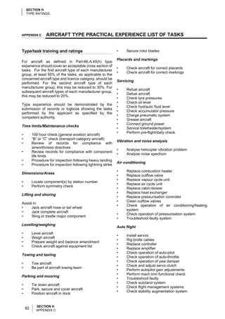 SECTION H
    TYPE RATINGS




APPENDIX C        AIRCRAFT TYPE PRACTICAL EXPERIENCE LIST OF TASKS


Type/task training and ratings                                 •    Secure rotor blades

                                                               Placards and markings
For aircraft as defined in Part-66.A.45(h) type
experience should cover an acceptable cross section of
                                                               •    Check aircraft for correct placards
tasks. For the first aircraft type of each manufacturer
                                                               •    Check aircraft for correct markings
group, at least 50% of the tasks, as applicable to the
concerned aircraft type and licence category, should be
                                                               Servicing
performed. For the second aircraft type of each
manufacturer group, this may be reduced to 30%. For
                                                               •    Refuel aircraft
subsequent aircraft types of each manufacturer group,
                                                               •    Defuel aircraft
this may be reduced to 20%.
                                                               •    Check tyre pressures
                                                               •    Check oil level
Type experience should be demonstrated by the
                                                               •    Check hydraulic fluid level
submission of records or logbook showing the tasks
                                                               •    Check accumulator pressure
performed by the applicant as specified by the
                                                               •    Charge pneumatic system
competent authority.
                                                               •    Grease aircraft
                                                               •    Connect ground power
Time limits/Maintenance checks
                                                               •    Service toilet/water/system
                                                               •    Perform pre-flight/daily check
•        100 hour check (general aviation aircraft)
•        “B” or “C” check (transport category aircraft)
                                                               Vibration and noise analysis
•        Review of records for compliance with
         airworthiness directives
                                                               •    Analyse helicopter vibration problem
•        Review records for compliance with component
                                                               •    Analyse noise spectrum
         life limits
•        Procedure for inspection following heavy landing
                                                               Air conditioning
•        Procedure for inspection following lightning strike
                                                               •    Replace combustion heater
Dimensions/Areas
                                                               •    Replace outflow valve
                                                               •    Replace vapour cycle unit
•        Locate component(s) by station number
                                                               •    Replace air cycle unit
•        Perform symmetry check
                                                               •    Replace cabin blower
                                                               •    Replace heat exchanger
Lifting and shoring
                                                               •    Replace pressurisation controller
                                                               •    Clean outflow valves
Assist in:
                                                               •    Check operation of air conditioning/heating
•     Jack aircraft nose or tail wheel
                                                                    system
•     Jack complete aircraft
                                                               •    Check operation of pressurisation system
•     Sling or trestle major component
                                                               •    Troubleshoot faulty system
Levelling/weighing
                                                               Auto flight
•        Level aircraft
                                                               •    Install servos
•        Weigh aircraft
                                                               •    Rig bridle cables
•        Prepare weight and balance amendment
                                                               •    Replace controller
•        Check aircraft against equipment list
                                                               •    Replace amplifier
                                                               •    Check operation of auto-pilot
Towing and taxiing
                                                               •    Check operation of auto-throttle
                                                               •    Check operation of yaw damper
•        Tow aircraft
                                                               •    Check and adjust servo clutch
•        Be part of aircraft towing team
                                                               •    Perform autopilot gain adjustments
                                                               •    Perform mach trim functional check
Parking and mooring
                                                               •    Troubleshoot faulty
                                                               •    Check autoland system
•        Tie down aircraft
                                                               •    Check flight management systems
•        Park, secure and cover aircraft
                                                               •    Check stability augmentation system
•        Position aircraft in dock


           SECTION H
    82     APPENDIX C
 