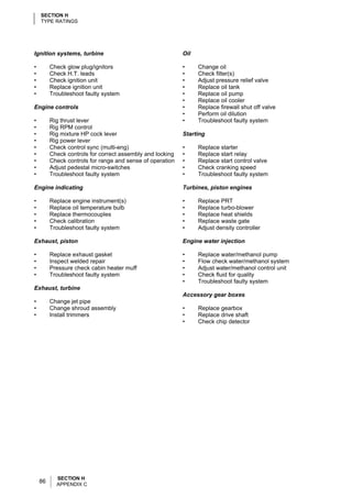 SECTION H
    TYPE RATINGS




Ignition systems, turbine                                  Oil

•        Check glow plug/ignitors                          •     Change oil
•        Check H.T. leads                                  •     Check filter(s)
•        Check ignition unit                               •     Adjust pressure relief valve
•        Replace ignition unit                             •     Replace oil tank
•        Troubleshoot faulty system                        •     Replace oil pump
                                                           •     Replace oil cooler
Engine controls                                            •     Replace firewall shut off valve
                                                           •     Perform oil dilution
•        Rig thrust lever                                  •     Troubleshoot faulty system
•        Rig RPM control
•        Rig mixture HP cock lever                         Starting
•        Rig power lever
•        Check control sync (multi-eng)                    •     Replace starter
•        Check controls for correct assembly and locking   •     Replace start relay
•        Check controls for range and sense of operation   •     Replace start control valve
•        Adjust pedestal micro-switches                    •     Check cranking speed
•        Troubleshoot faulty system                        •     Troubleshoot faulty system

Engine indicating                                          Turbines, piston engines

•        Replace engine instrument(s)                      •     Replace PRT
•        Replace oil temperature bulb                      •     Replace turbo-blower
•        Replace thermocouples                             •     Replace heat shields
•        Check calibration                                 •     Replace waste gate
•        Troubleshoot faulty system                        •     Adjust density controller

Exhaust, piston                                            Engine water injection

•        Replace exhaust gasket                            •     Replace water/methanol pump
•        Inspect welded repair                             •     Flow check water/methanol system
•        Pressure check cabin heater muff                  •     Adjust water/methanol control unit
•        Troubleshoot faulty system                        •     Check fluid for quality
                                                           •     Troubleshoot faulty system
Exhaust, turbine
                                                           Accessory gear boxes
•        Change jet pipe
•        Change shroud assembly                            •     Replace gearbox
•        Install trimmers                                  •     Replace drive shaft
                                                           •     Check chip detector




           SECTION H
    86     APPENDIX C
 