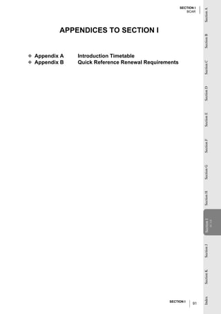 SECTION I




                                                                  Section A
                                                         BCAR




          APPENDICES TO SECTION I




                                                                  Section B
◆ Appendix A   Introduction Timetable
◆ Appendix B   Quick Reference Renewal Requirements




                                                                  Section C
                                                                  Section D
                                                                  Section E
                                                                  Section F
                                                                  Section G
                                                                  Section H
                                                                  Section II
                                                                               BCAR
                                                                   Section
                                                                  Section J
                                                                  Section K
                                                                  Index




                                               SECTION I
                                                             91
 