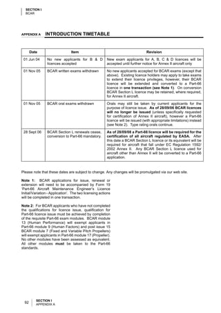 SECTION I
  BCAR




APPENDIX A     INTRODUCTION TIMETABLE


       Date                      Item                                            Revision

 01 Jun 04       No new applicants for B & D            New exam applicants for A, B, C & D licences will be
                 licences accepted                      accepted until further notice for Annex II aircraft only

 01 Nov 05       BCAR written exams withdrawn           No new applicants accepted for BCAR exams (except that
                                                        above). Existing licence holders may apply to take exams
                                                        to extend their licence privileges, however, their BCAR
                                                        licence will be extended and converted to a Part-66
                                                        licence in one transaction (see Note 1). On conversion
                                                        BCAR Section L licence may be retained, where required,
                                                        for Annex II aircraft.

 01 Nov 05       BCAR oral exams withdrawn              Orals may still be taken by current applicants for the
                                                        purpose of licence issue. As of 28/09/06 BCAR licences
                                                        will no longer be issued (unless specifically requested
                                                        for certification of Annex II aircraft), however a Part-66
                                                        licence will be issued (with appropriate limitations) instead
                                                        (see Note 2). Type rating orals continue.

 28 Sept 06      BCAR Section L renewals cease,         As of 28/09/08 a Part-66 licence will be required for the
                 conversion to Part-66 mandatory.       certification of all aircraft regulated by EASA. After
                                                        this date a BCAR Section L licence or its equivalent will be
                                                        required for aircraft that fall under EC Regulation 1592/
                                                        2002 Annex II. Any BCAR Section L licence used for
                                                        aircraft other than Annex II will be converted to a Part-66
                                                        application.



Please note that these dates are subject to change. Any changes will be promulgated via our web site.

Note 1: BCAR applications for issue, renewal or
extension will need to be accompanied by Form 19
‘Part-66 Aircraft Maintenance Engineer’s Licence
Initial/Variation - Application’. The two licensing actions
will be completed in one transaction.

Note 2: For BCAR applicants who have not completed
the qualifications for licence issue, qualification for
Part-66 licence issue must be achieved by completion
of the requisite Part-66 exam modules. BCAR module
13 (Human Performance) will exempt applicants in
Part-66 module 9 (Human Factors) and post issue 15
BCAR module 7 (Fixed and Variable Pitch Propellers)
will exempt applicants in Part-66 module 17 (Propeller).
No other modules have been assessed as equivalent.
All other modules must be taken to the Part-66
standards.




          SECTION I
  92      APPENDIX A
 
