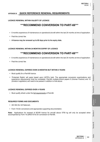 SECTION I




                                                                                                                  Section A
                                                                                                     BCAR




APPENDIX B    QUICK REFERENCE RENEWAL REQUIREMENTS




                                                                                                                  Section B
LICENCE RENEWAL WITHIN VALIDITY OF LICENCE

                ***RECOMMEND CONVERSION TO PART-66***




                                                                                                                  Section C
 • 6 months experience of maintenance on operational aircraft within the last 24 months at time of application.

 • Paid the correct fee




                                                                                                                  Section D
 • A licence may be renewed up to 60 days prior to its expiry date.




LICENCE RENEWAL WITHIN 24 MONTHS EXPIRY OF LICENCE




                                                                                                                  Section E
                ***RECOMMEND CONVERSION TO PART-66***
 • 6 months experience of maintenance on operational aircraft within the last 24 months at time of application.

 • Paid the correct fee




                                                                                                                  Section F
LICENCE RENEWAL EXPIRED OVER 24 MONTHS BUT WITHIN 4 YEARS

 • Must qualify for a Part-66 licence.




                                                                                                                  Section G
 • ‘Protected Rights’ will apply based upon LWTR’s held. The appropriate conversion examinations and
   experience requirements must be completed. Part-66 multiple-choice papers 9 (Human Factors) and 10
   (Aviation Legislation) will need to be passed in addition to that above.

                                                                                                                  Section H

LICENCE RENEWAL EXPIRED OVER 4 YEARS

 • Must qualify afresh under the full requirements of Part-66.
                                                                                                                  Section II
                                                                                                                               BCAR
                                                                                                                   Section




REQUIRED FORMS AND DOCUMENTS

 • AD 302 (for UK National).

 • Form 19 (for conversion) and appropriate supporting documentation.
                                                                                                                  Section J




Note: Applications for renewal of BCAR licence for aircraft above 5700 kg will only be accepted when
accompanied by Form 19 (SRG1014) for conversion to Part-66.
                                                                                                                  Section K
                                                                                                                  Index




                                                                                            SECTION I
                                                                                          APPENDIX B
                                                                                                          93
 