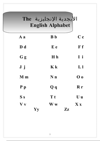 The ‫البجدية النجليزية‬
   English Alphabet

Aa         Bb            Cc

Dd             Ee        Ff

Gg             Hh        I i

J j        Kk            Ll

Mm         Nn            Oo

Pp         Qq            Rr

Ss         Tt            Uu
Vv         Ww            Xx
      Yy            Zz




           1
 