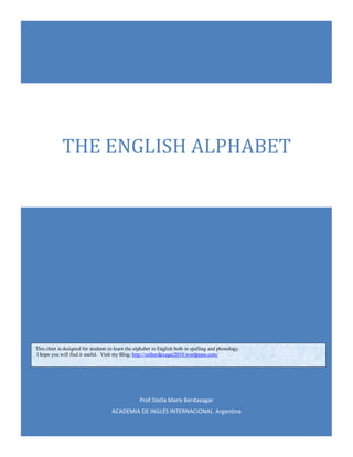 Prof.Stella Maris Berdaxagar
ACADEMIA DE INGLÉS INTERNACIONAL Argentina
THE ENGLISH ALPHABET
This chart is designed for students to learn the alphabet in English both in spelling and phonology.
I hope you will find it useful. Visit my Blog: http://smberdaxagar2010.wordpress.com/
 