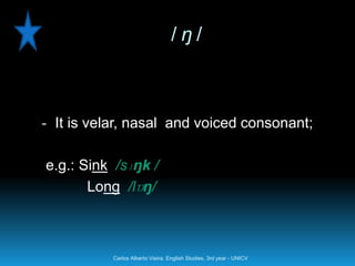 /ŋ/



- It is velar, nasal and voiced consonant;


e.g.: Sink /sɪŋk /
       Long /lɒŋ/



           Carlos Alberto Vieira. English Studies, 3rd year - UNICV
 