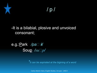 /p/


-It is a bilabial, plosive and unvoiced
   consonant;

e.g.:Park /paːk/
      Soup /suː p/

          *it can be aspirated at the bigining of a word

            Carlos Alberto Vieira. English Studies, 3rd year - UNICV
 