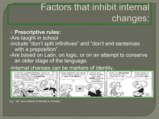   Prescriptive rules:
-Are taught in school
-include “don’t split infinitives” and “don’t end sentences
   with a preposition”.
-Are based on Latin, on logic, or on an attempt to conserve
   an older stage of the language.
-Internal changes can be markers of identity.




e.g.: “eh” as a marker of identity in Canada.
 