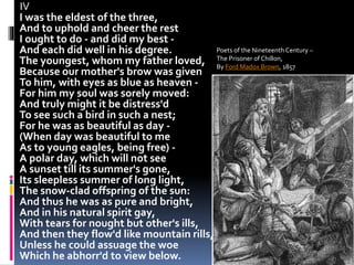 IV
I was the eldest of the three,
And to uphold and cheer the rest
I ought to do - and did my best -
And each did well in his degree.
The youngest, whom my father loved,
Because our mother's brow was given
To him, with eyes as blue as heaven -
For him my soul was sorely moved:
And truly might it be distress'd
To see such a bird in such a nest;
For he was as beautiful as day -
(When day was beautiful to me
As to young eagles, being free) -
A polar day, which will not see
A sunset till its summer's gone,
Its sleepless summer of long light,
The snow-clad offspring of the sun:
And thus he was as pure and bright,
And in his natural spirit gay,
With tears for nought but other's ills,
And then they flow'd like mountain rills,
Unless he could assuage the woe
Which he abhorr'd to view below.
Poets of the Nineteenth Century –
The Prisoner of Chillon,
By Ford Madox Brown, 1857
 