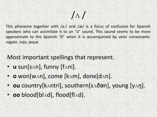 /ʌ /
This phoneme together with /a:/ and /æ/ is a focus of confusion for Spanish
speakers who can assimilate it to an “a” sound. This sound seems to be more
approximate to the Spanish “A” when it is accompanied by velar consonants:
regate, coja, jaque

Most important spellings that represent.
• u sun[sʌn], funny [fʌni].
• o won[wʌn], come [kʌm], done[dʌn].
• ou country[kʌntri], southern[sʌðən], young [yʌŋ].
• oo blood[blʌd], flood[flʌd].

 