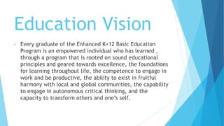 Education Vision
• Every graduate of the Enhanced K+12 Basic Education
Program is an empowered individual who has learned ,
through a program that is rooted on sound educational
principles and geared towards excellence, the foundations
for learning throughout life, the competence to engage in
work and be productive, the ability to exist in fruitful
harmony with local and global communities, the capability
to engage in autonomous critical thinking, and the
capacity to transform others and one’s self.
 