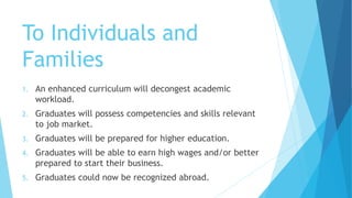To Individuals and
Families
1. An enhanced curriculum will decongest academic
workload.
2. Graduates will possess competencies and skills relevant
to job market.
3. Graduates will be prepared for higher education.
4. Graduates will be able to earn high wages and/or better
prepared to start their business.
5. Graduates could now be recognized abroad.
 