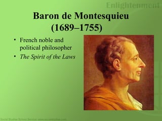 Baron de Montesquieu
(1689–1755)
• French noble and
political philosopher
• The Spirit of the Laws
 