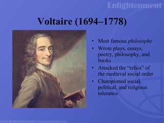 Voltaire (1694 – 1778) Most famous  philosophe Wrote plays, essays, poetry, philosophy, and books Attacked the “relics” of the medieval social order Championed social, political, and religious tolerance 