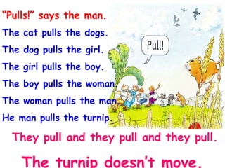 “ Pulls!” says the man. The cat pulls the dogs. The dog pulls the girl. The girl pulls the boy. The boy pulls the woman. The woman pulls the man. He man pulls the turnip. They pull and they pull and they pull. The turnip doesn’t move. 