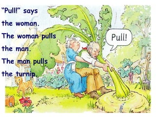 “ Pull!” says  the woman. The woman pulls the man. The man pulls  the turnip. 