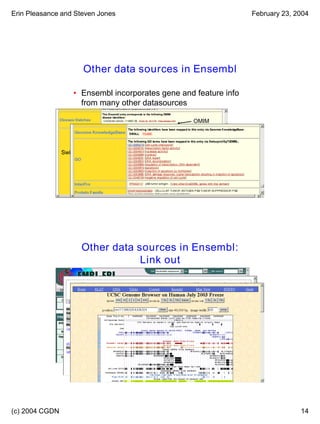 Erin Pleasance and Steven Jones February 23, 2004
(c) 2004 CGDN 14
Lecture 7.1 27
Other data sources in Ensembl
• Ensembl incorporates gene and feature info
from many other datasources
OMIM
SwissProt
Lecture 7.1 28
Other data sources in Ensembl:
Link out
 