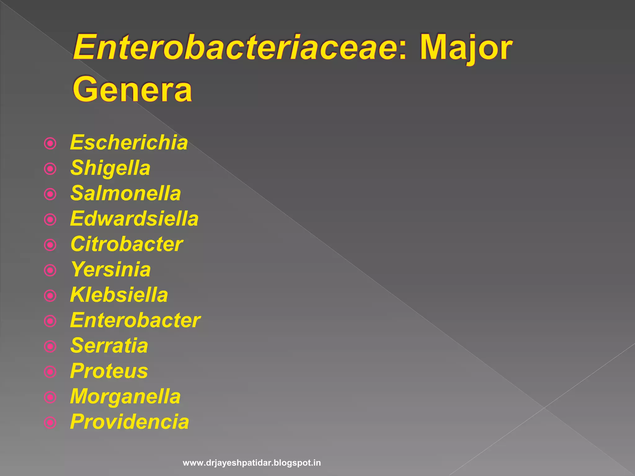  Escherichia
 Shigella
 Salmonella
 Edwardsiella
 Citrobacter
 Yersinia
 Klebsiella
 Enterobacter
 Serratia
 Proteus
 Morganella
 Providencia
www.drjayeshpatidar.blogspot.in
 