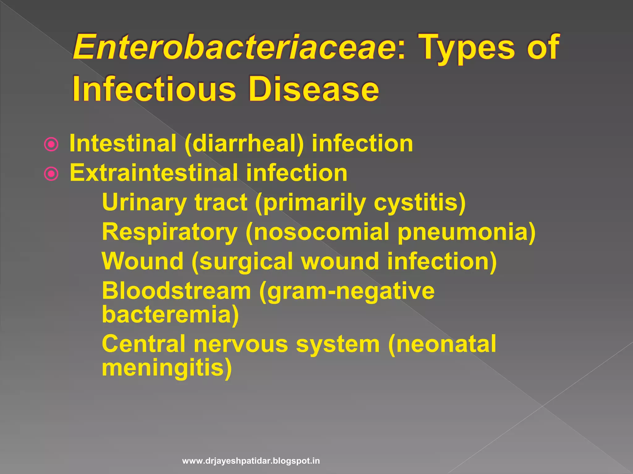  Intestinal (diarrheal) infection
 Extraintestinal infection
Urinary tract (primarily cystitis)
Respiratory (nosocomial pneumonia)
Wound (surgical wound infection)
Bloodstream (gram-negative
bacteremia)
Central nervous system (neonatal
meningitis)
www.drjayeshpatidar.blogspot.in
 