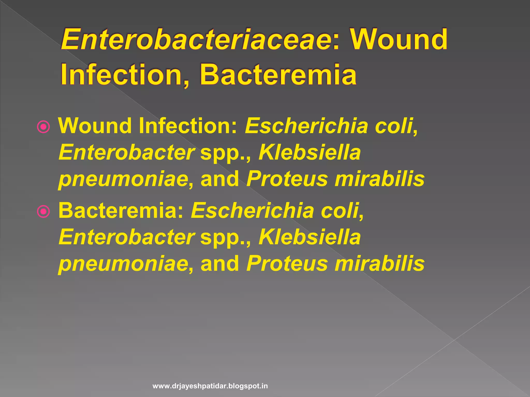  Wound Infection: Escherichia coli,
Enterobacter spp., Klebsiella
pneumoniae, and Proteus mirabilis
 Bacteremia: Escherichia coli,
Enterobacter spp., Klebsiella
pneumoniae, and Proteus mirabilis
www.drjayeshpatidar.blogspot.in
 