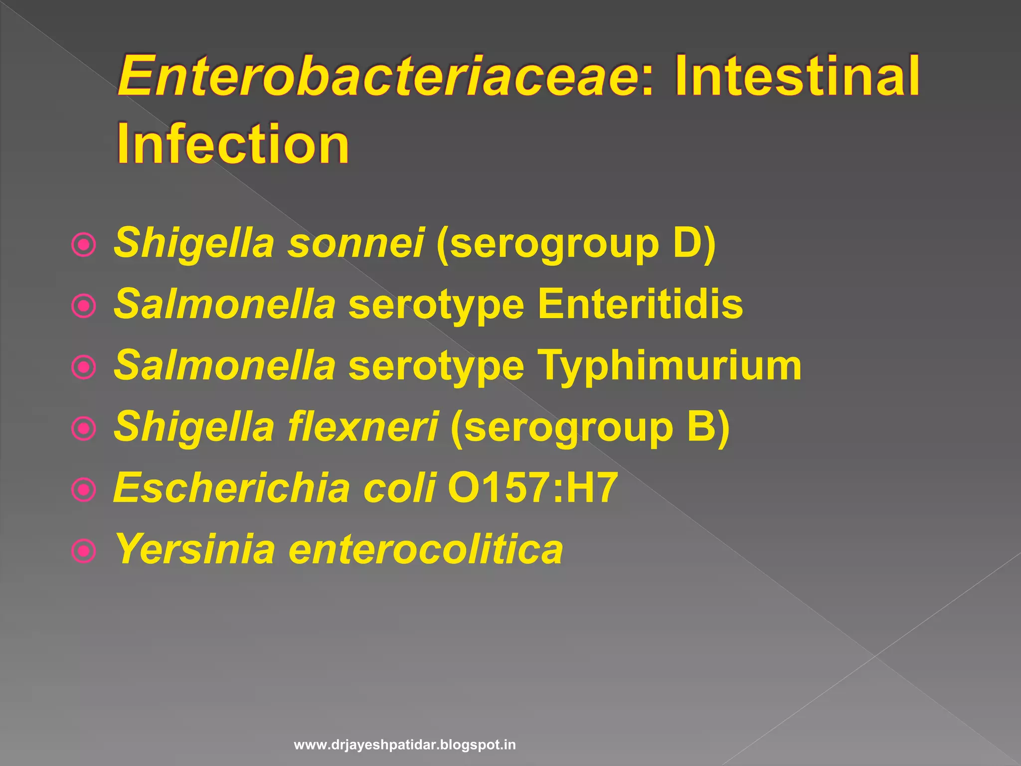  Shigella sonnei (serogroup D)
 Salmonella serotype Enteritidis
 Salmonella serotype Typhimurium
 Shigella flexneri (serogroup B)
 Escherichia coli O157:H7
 Yersinia enterocolitica
www.drjayeshpatidar.blogspot.in
 